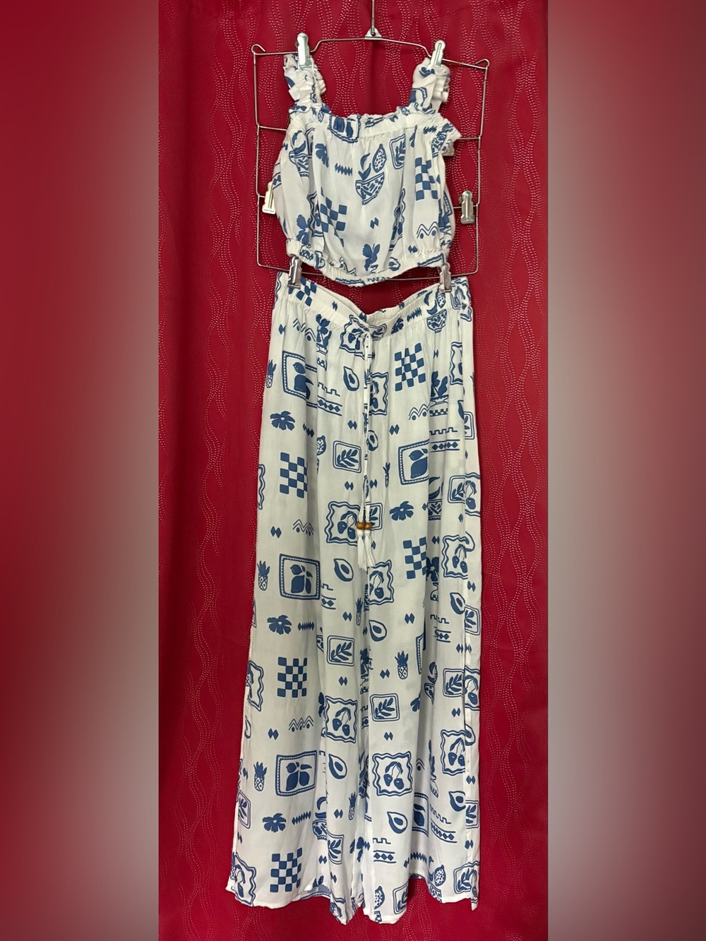 Blue & White Patterned Maxi Pant set - Lightweight Summer Style